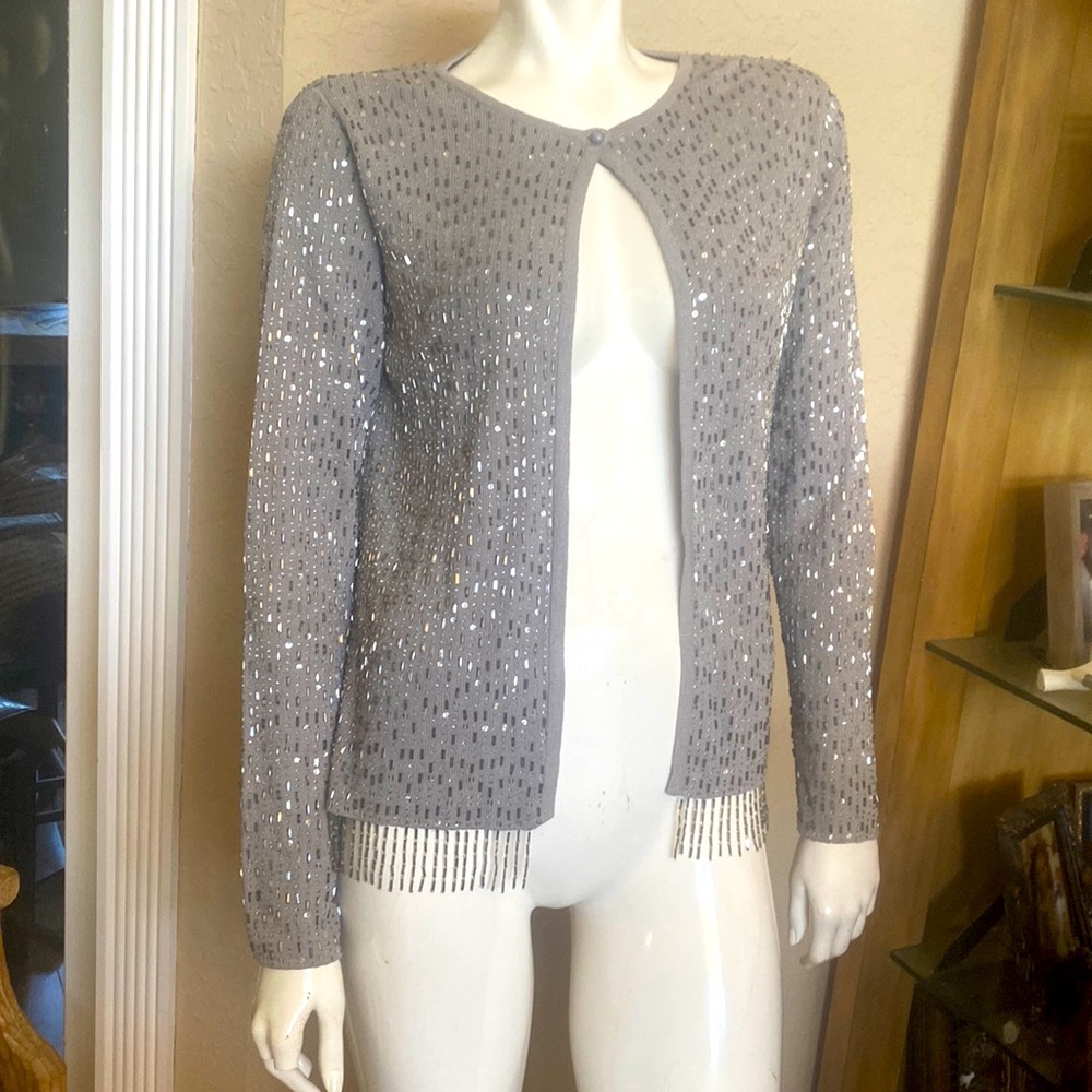 Chetta B Evening Gray Beaded Cardigan S/M
